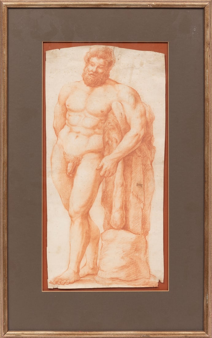 Continental School 19th c., "Farnese Hercules", sanguine on paper partially laid on board (1 of 2)