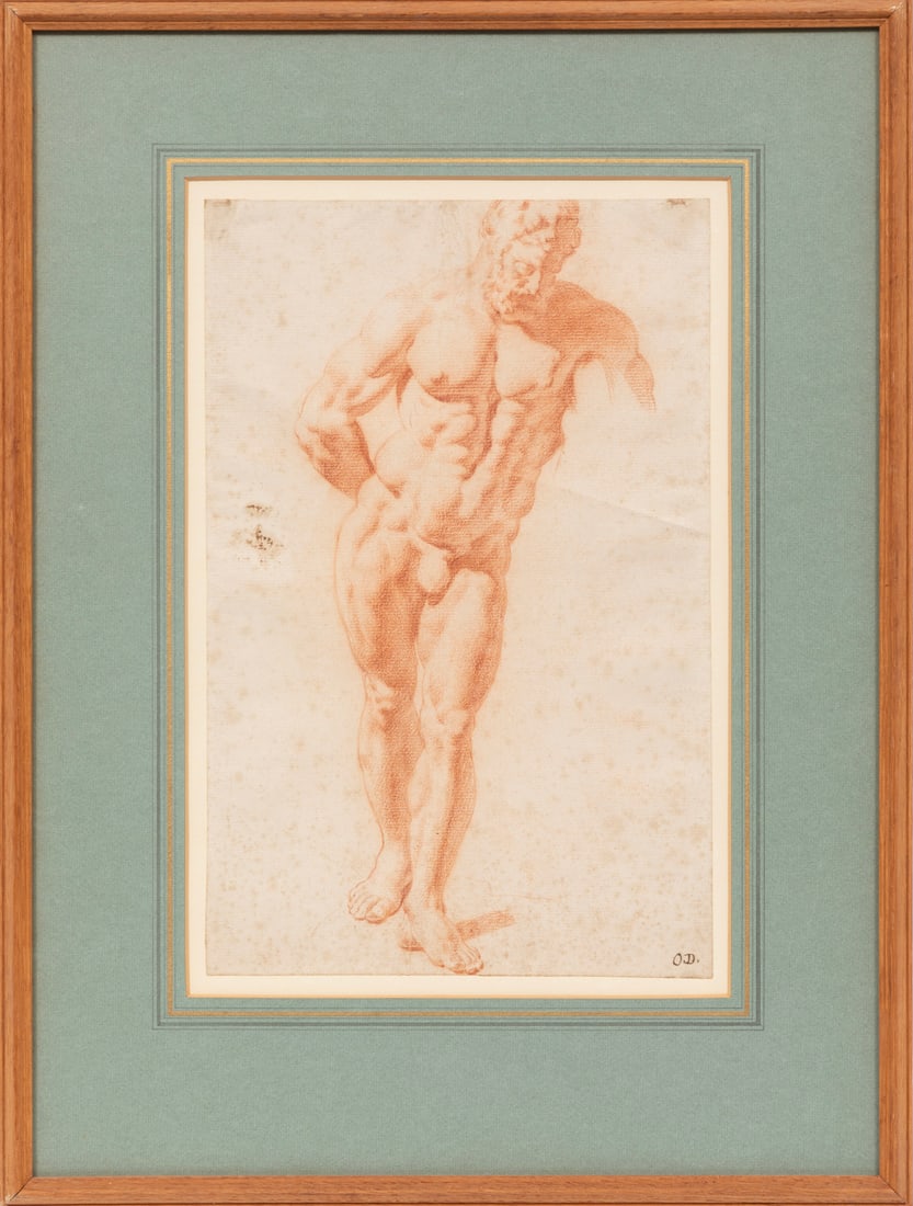Ottaviano Dandini, Italian 1692-1750, "Farnese Hercules", sanguine on paper: Ottaviano DandiniItalian, 1692-1750"Farnese Hercules"sanguine on paperinitialed lower right, inscribed with artist and title and "The St. Charles Gallery" label with artist and title on backing board,