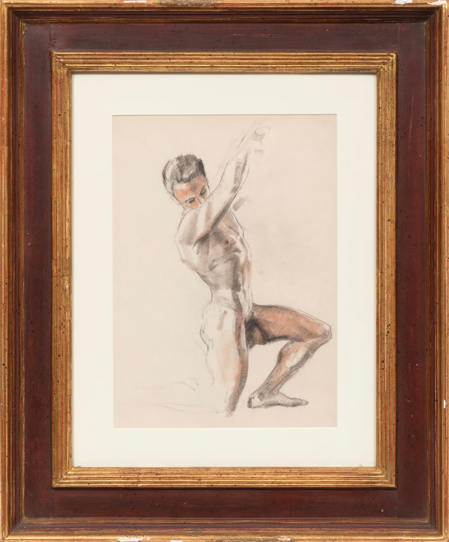 Ralph Hillyer Avery, American/New York 1906-1976, "Male Nude", charcoal and sanguine on paper: Ralph Hillyer AveryAmerican/New York, 1906-1976"Male Nude"charcoal and sanguine on paperunsigned, "Memorial Art Gallery U. of Rochester Ralph Avery Estate" stamp and inscribed with artist lower left u