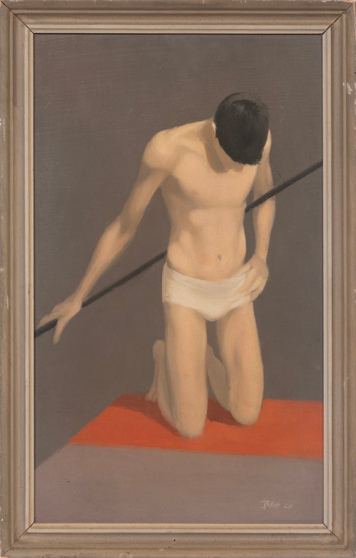 Robert Bliss, American/Massachusetts 1925-1981, "Kneeling Nude Male", oil on masonite: Robert BlissAmerican/Massachusetts, 1925-1981"Kneeling Nude Male"oil on masonite1960, signed and dated lower right, typed label with artist and title on reverse of frame, framed.14 7/8 x 9 in. (37.8 x