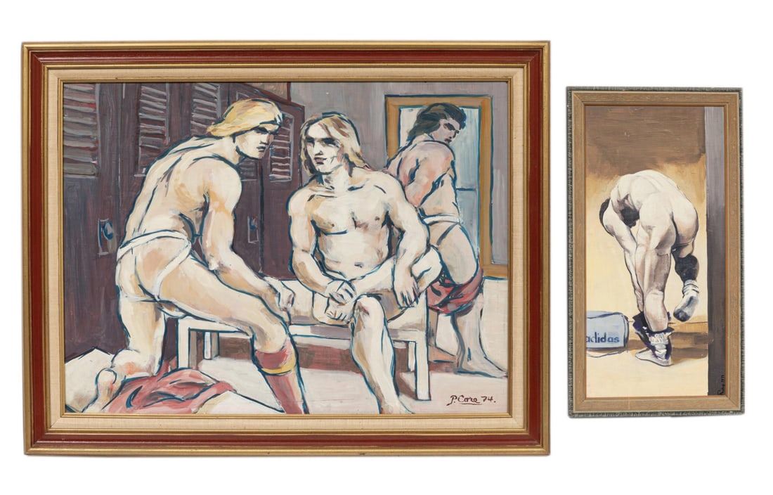 Philip Core, American/Louisiana 1951-1989, active London, 1975-1989, "Adidas" and "3 Boys in Locker: Philip CoreAmerican/Louisiana, 1951-1989, active London, 1975-1989"Adidas" and "3 Boys in Locker Room"oil on panel and oil on masonite1978 and 1974, each signed and dated lower right, one with artist