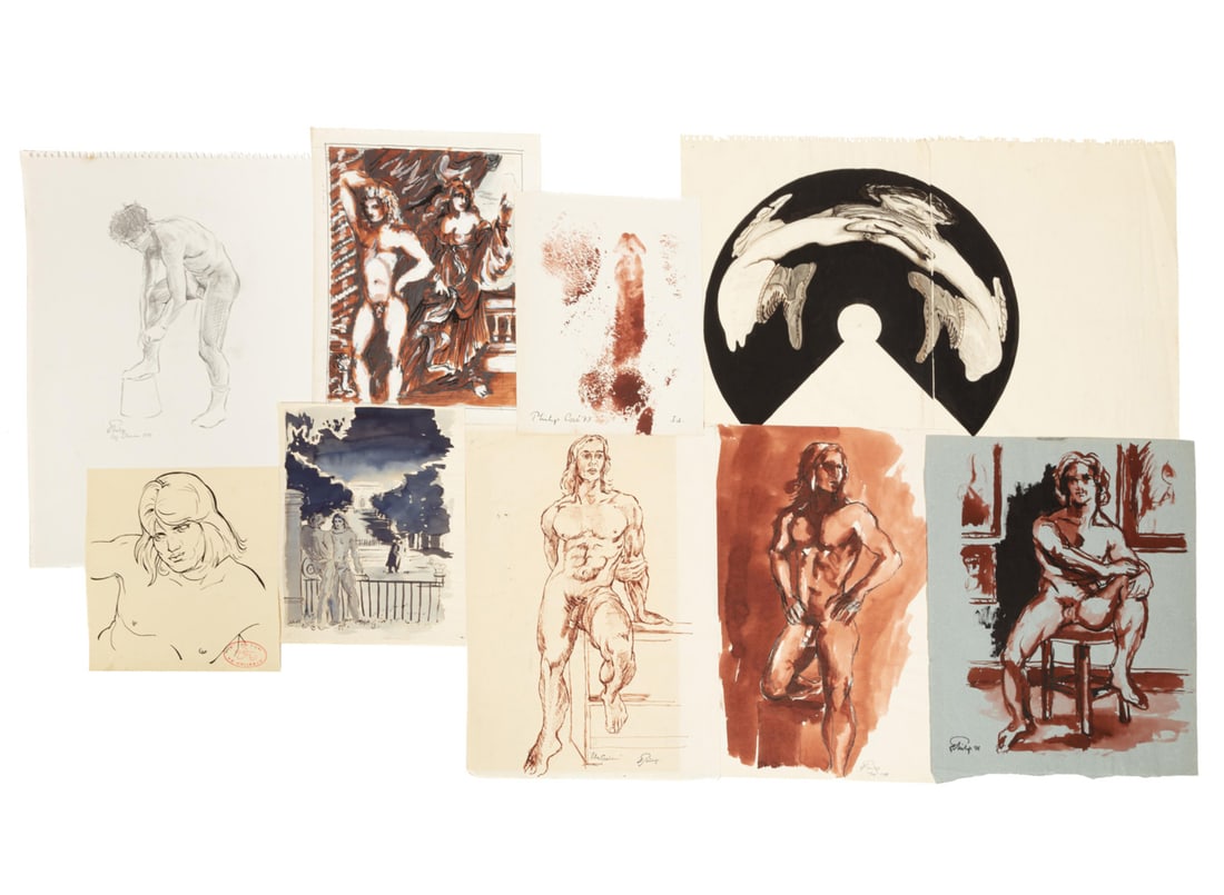 Philip Core, American/Louisiana 1951-1989, active London, 1975-1989, "Group of Nine Works on Paper",: Philip CoreAmerican/Louisiana, 1951-1989, active London, 1975-1989"Group of Nine Works on Paper"various media including ink, watercolor and graphite1973-1980, including "Ray Barca", "Tex", "Peter Grah