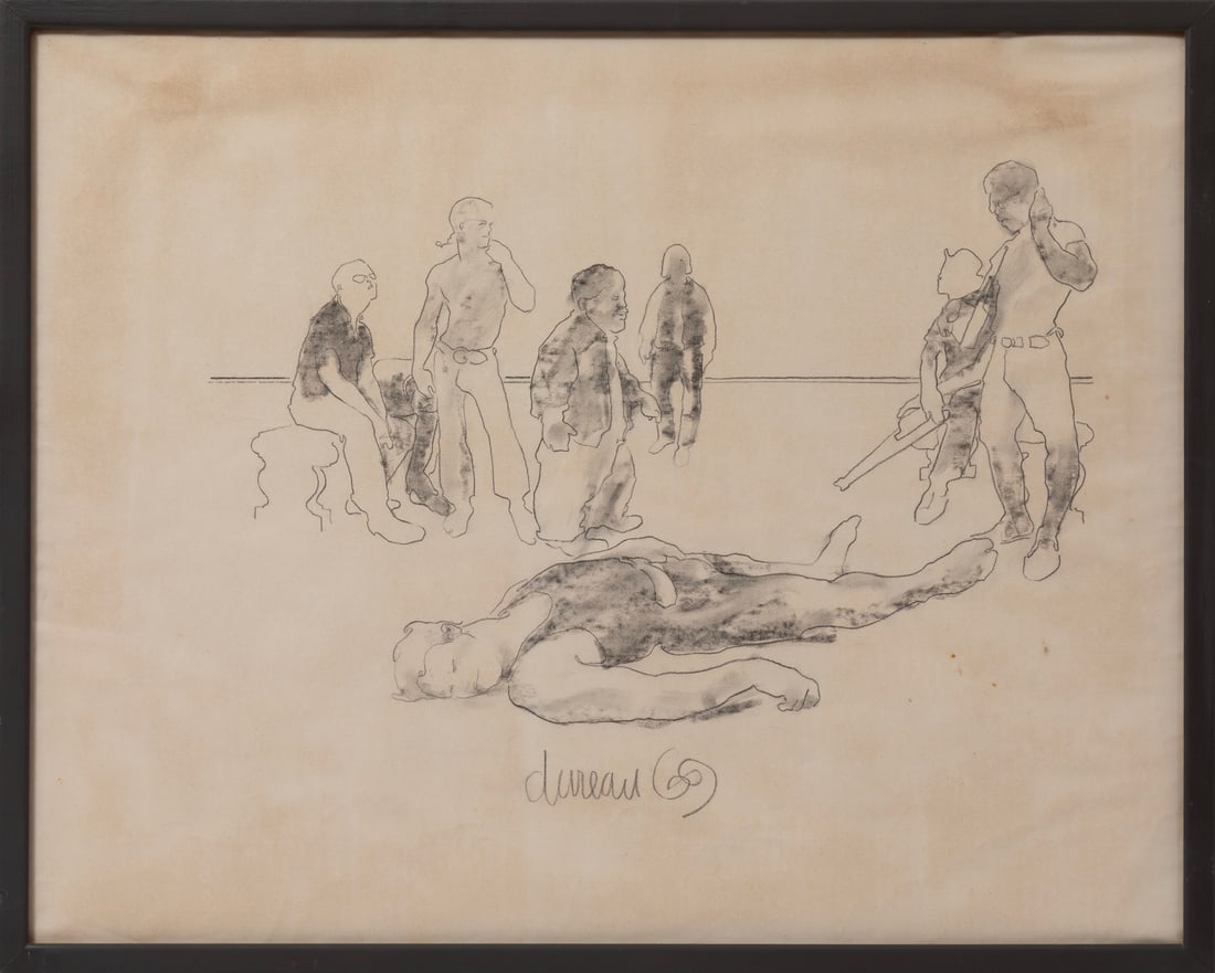 George Valentine Dureau, American/Louisiana 1930-2014, ?Untitled: A Gathering?, charcoal on paper: George Valentine DureauAmerican/Louisiana, 1930-2014?Untitled: A Gathering?charcoal on paper1969, signed and dated lower center, "Strathmore Artist" blind stamp lower left corner, framed.23 x 28 7/8 i