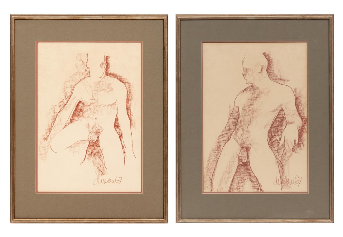 George Valentine Dureau, American/Louisiana 1930-2014, "Male Nudes", 2 sanguines on paper: George Valentine DureauAmerican/Louisiana, 1930-2014"Male Nudes"2 sanguines on paper1967, each signed and dated lower right, each inscribed with provenance en verso, one with artist exhibition poster,