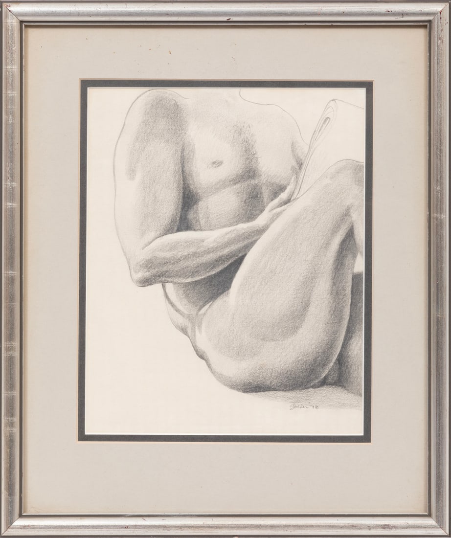 Rolland Harve Golden, American/Louisiana 1931-2019, "Untitled: Seated Male Nude", graphite on paper: Rolland Harve Golden American/Louisiana, 1931-2019 "Untitled: Seated Male Nude" graphite on paper 1976, signed and dated lower right, printed label with artist and title, "WYES-TV12" and "927