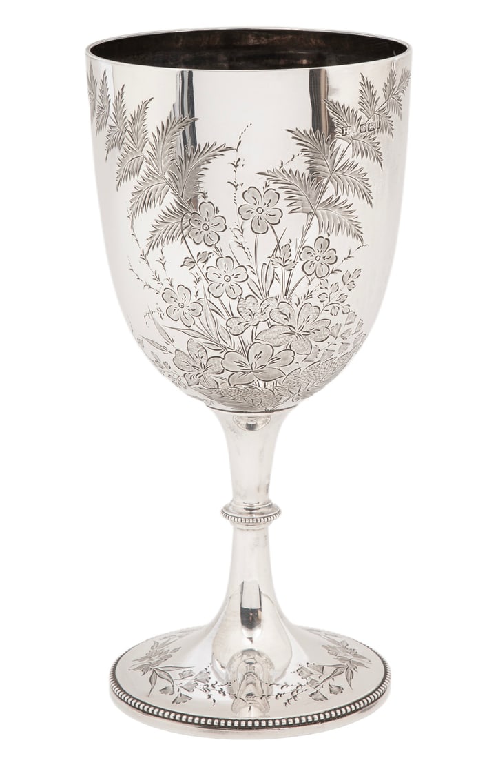 Monumental Edward VII Sterling Silver Goblet: Monumental Edward VII Sterling Silver Goblet,Atkin Brothers, Sheffield, 1903, ret. W. Batty & Sons Ltd., Manchester; flat-chased decoration of foliage and flowers, spreading foot, h. 9 1/4 in.Weight 1