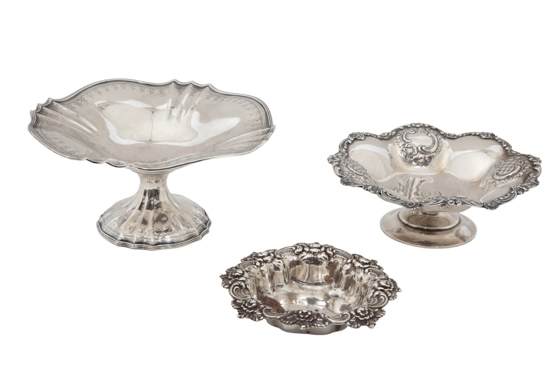 Group of American Sterling Silver Small Tablewares: Group of American Sterling Silver Small Tablewares,incl. Marcus & Co., New York compote (h. 4 in., dia. 8 in.), Merrick, Walsh & Phelps compote (h. 2 1/2 in., dia. 7 1/8 in.) and Frank M. Whiting bonb