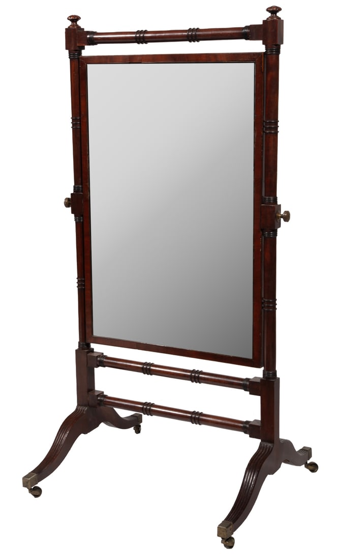 William IV Mahogany Cheval Mirror: William IV Mahogany Cheval Mirrorfluted trestle base, on brass casters59 1/2 x 29 x 27 in. (151.1 x 73.7 x 68.6 cm.)