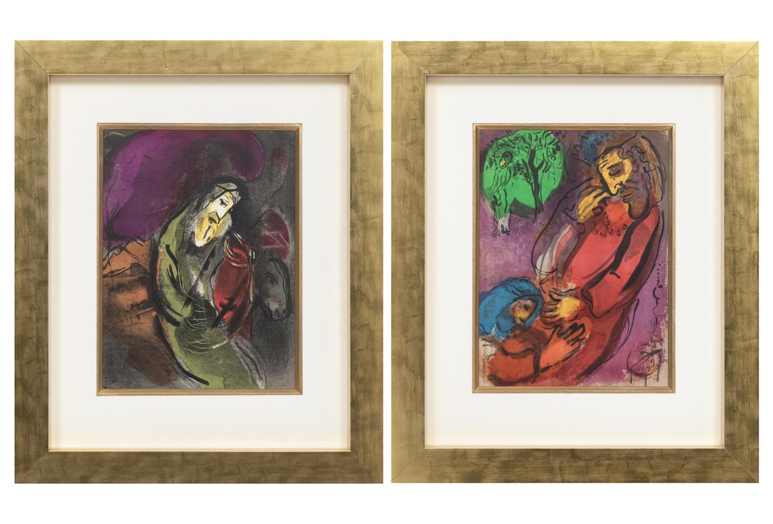 Marc Chagall, Russian/France 1887-1985, "J?r?mie" and "David et Absalom", 2 color lithographs: Marc ChagallRussian/France, 1887-1985"J?r?mie" and "David et Absalom"2 color lithographs1956, unsigned, from "La Bible" series, printed by Mourlot, Paris, published by T?riade, Paris, for Verve, each