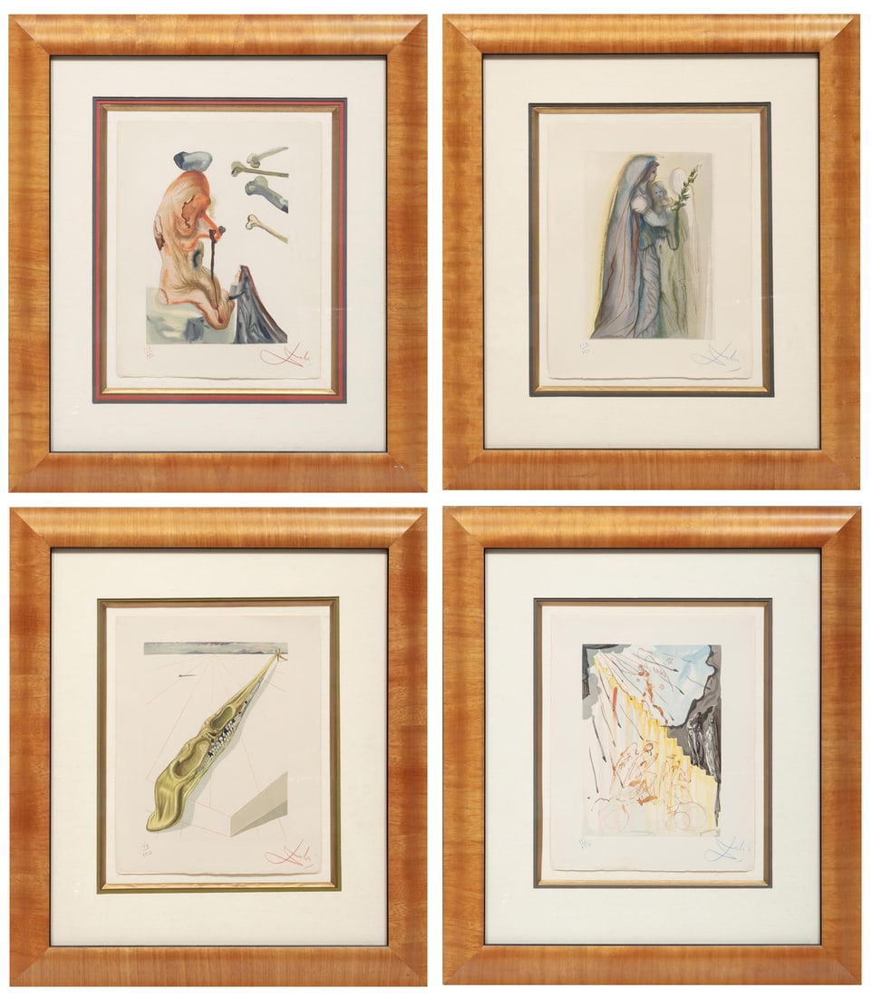 Salvador Dali, Spanish 1904-1989, "The Celestial StairCase", "Beatrice and Rachele", "The Fraudulent: Salvador DaliSpanish, 1904-1989"The Celestial StairCase", "Beatrice and Rachele", "The Fraudulent Ones" and "The Blashemers"4 woodblock prints1960-1964, each signed lower right, 2 in blue and 2 in red