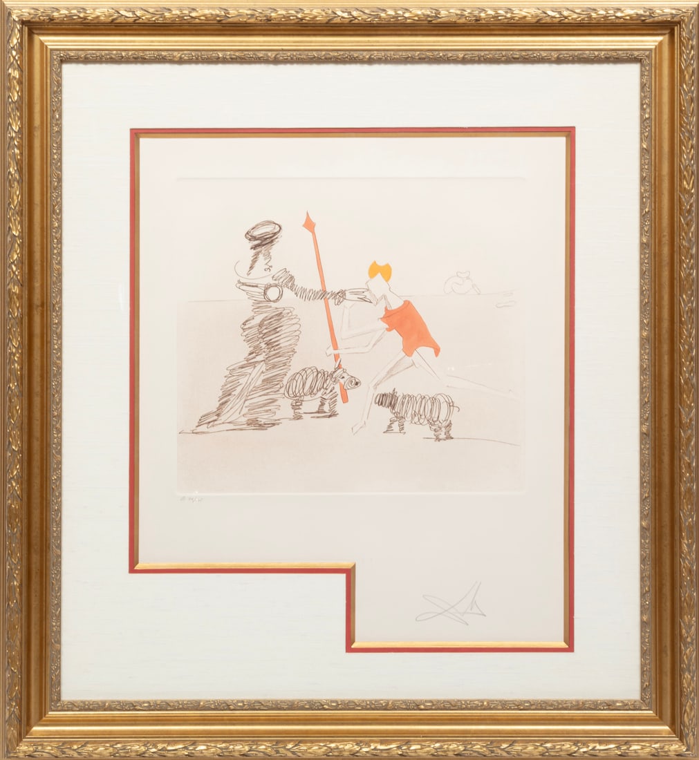 Salvador Dali, Spanish 1904-1989, "Pastorale", etching with aquatint printed in colors: Salvador DaliSpanish, 1904-1989"Pastorale"etching with aquatint printed in colors1981, pencil-signed and numbered "G 99/125" lower margin, from "Historia de Don Quichotte de la Mancha", printed by Por