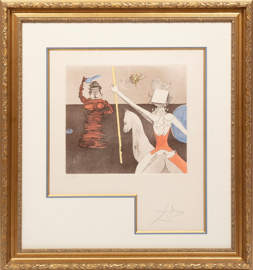 Salvador Dali, Spanish 1904-1989, "Le Miroir de la Chevalerie", etching with aquatint printed in: Salvador DaliSpanish, 1904-1989"Le Miroir de la Chevalerie"etching with aquatint printed in colors1981, pencil-signed and numbered "G 107/125" lower margin, from "Historia de Don Quichotte de la Manch