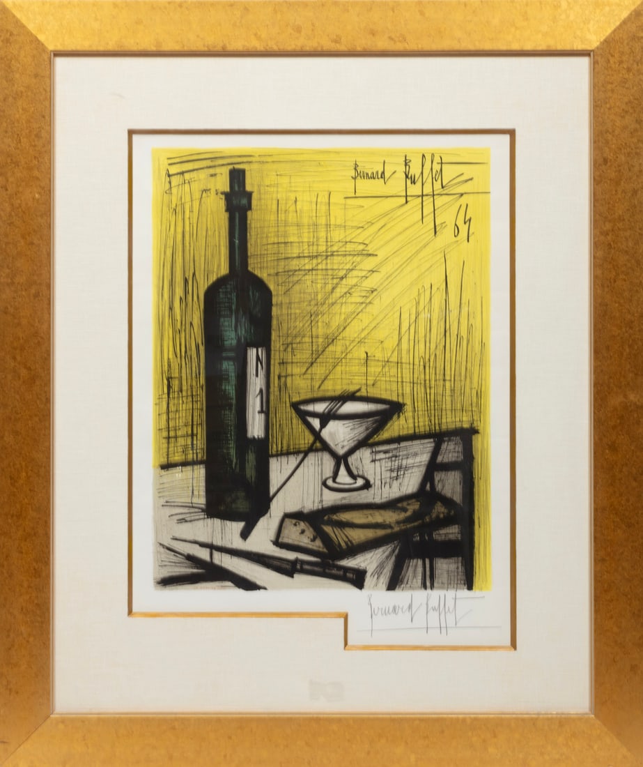 After Bernard Buffet, French 1928-1999, "Affiche D'Exposition - le Pain et le Vin", color lithograph: After Bernard BuffetFrench, 1928-1999"Affiche D'Exposition - le Pain et le Vin"color lithograph1964, pencil-signed lower right, signed and dated in plate, lithographer/printer signature in plate, draw