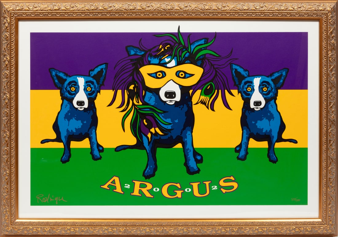 George Rodrigue, American/Louisiana 1944-2013, "Argus", silkscreen: George RodrigueAmerican/Louisiana, 1944-2013"Argus"silkscreen2002, signed lower left, numbered "328/390" lower right, created for the Mardi Gras Krewe of Argus, framed.Illustrated: Rodrigue, George an