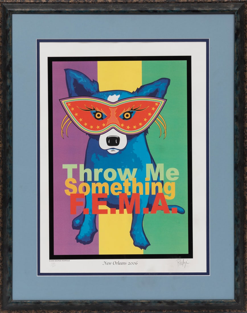 George Rodrigue, American/Louisiana 1944-2013, ?Throw Me Something F.E.M.A.?, silkscreen: George RodrigueAmerican/Louisiana, 1944-2013?Throw Me Something F.E.M.A.?silkscreen2006, pencil-signed lower right, pencil-numbered ?172/500? lower left, artist information sheet on backing paper, fra