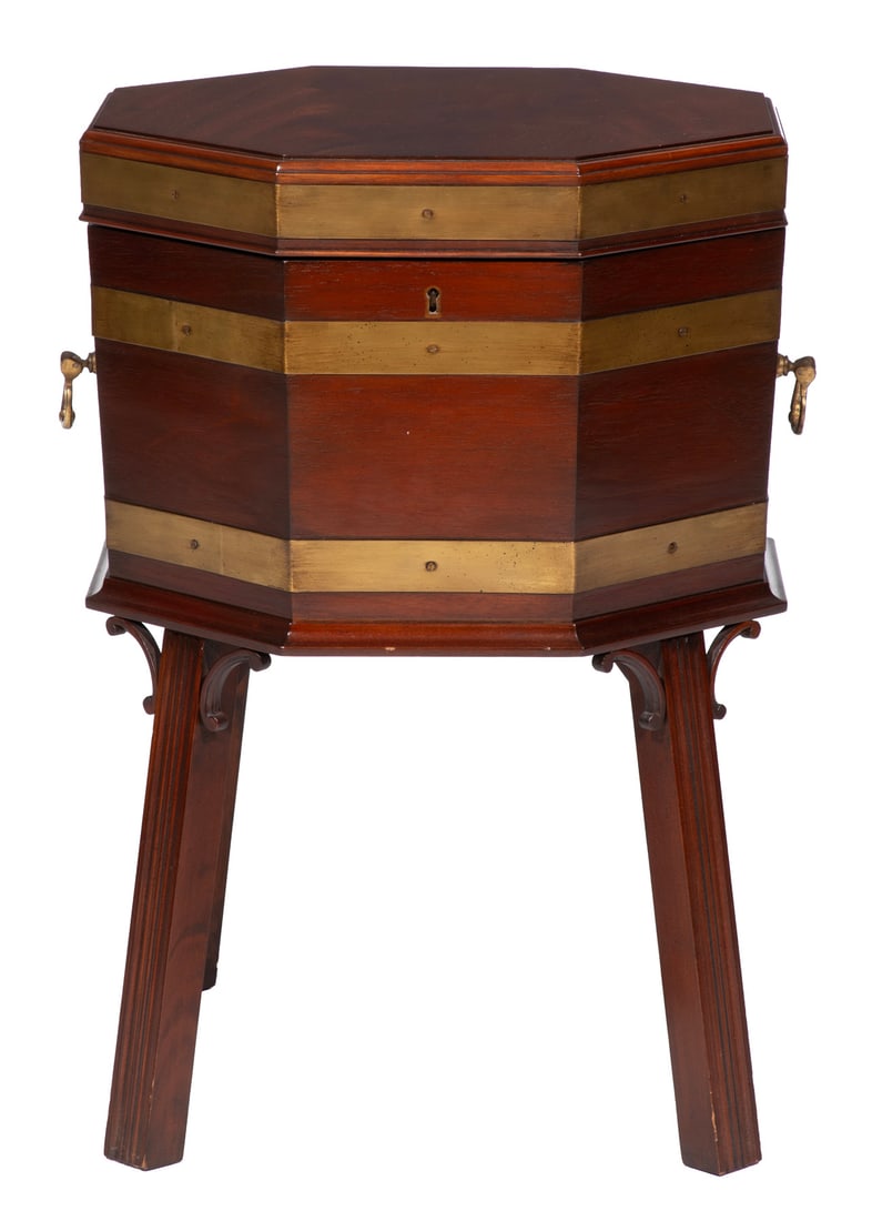 George III-Style Brass Bound Mahogany Cellarette on Stand: George III-Style Brass Bound Mahogany Cellarette on Standbenchmade by Manheim Antique Gallery, New Orleans, octagonal molded hinged top, liner, brass handles, C-scroll supports, reeded square legsProv
