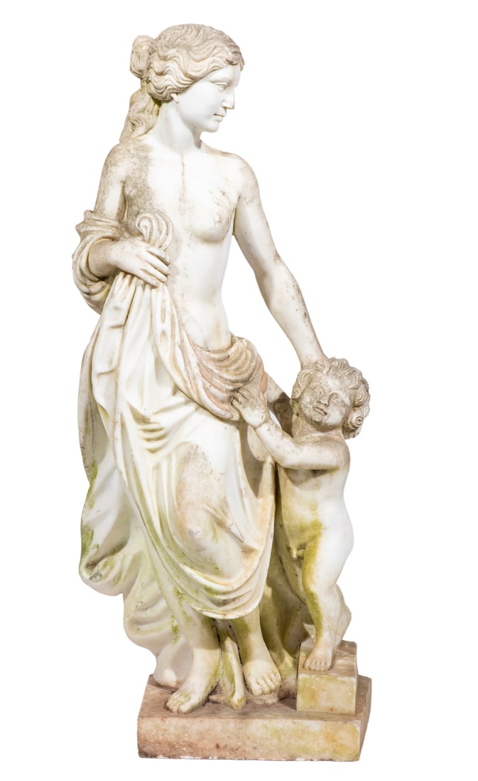 Carved Marble Garden Grouping: Carved Marble Garden Groupingdraped figure of a maiden and putto, on low plinth base57 1/2 x 23 1/2 x 14 in. (146.1 x 59.7 x 35.6 cm.)