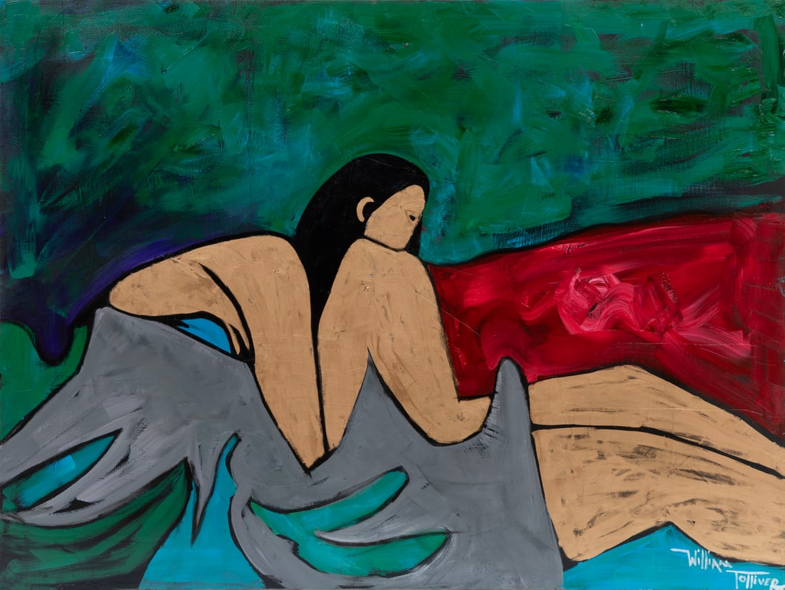 William Tolliver, American/Louisiana 1951-2000, ?Golden Diva?, mixed media on gallery-wrapped canvas: William TolliverAmerican/Louisiana, 1951-2000?Golden Diva?mixed media on gallery-wrapped canvassigned lower right, unframed.36 x 48 in. (91.4 x 121.9 cm.)