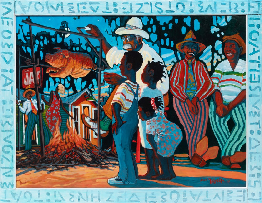 Earl Hebert, American/Louisiana 1942-2006, ?Cochon de Lait?, oil on canvas: Earl HebertAmerican/Louisiana, 1942-2006?Cochon de Lait?oil on canvas1994/95, signed and dated lower right and on reverse of frame, artist frame.36 1/4 x 48 in. (92.1 x 121.9 cm.), Frame: 42 1/8 x 54