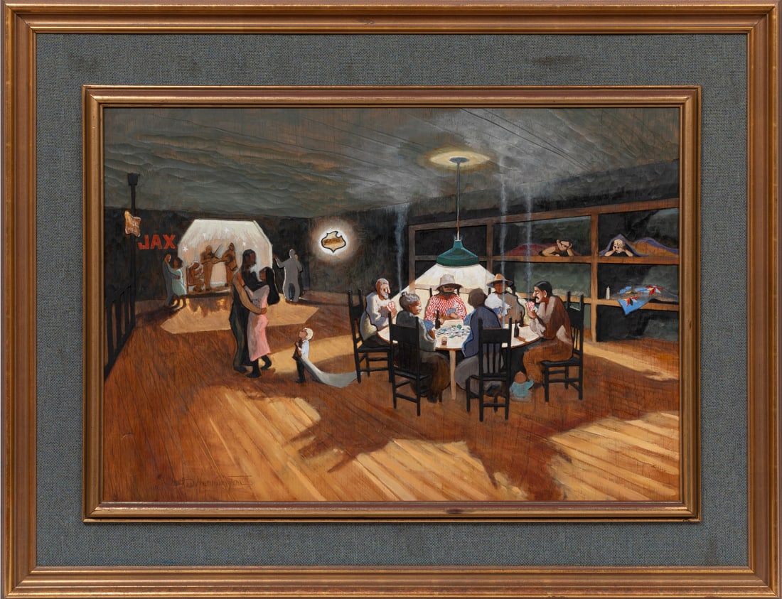 Chestee Harrington, American/Louisiana b. 1941, "Dance Hall", oil on carved wood laid on panel: Chestee HarringtonAmerican/Louisiana, b. 1941"Dance Hall"oil on carved wood laid on panel1994, signed and dated lower left, artist stamp on backing paper, framed.21 1/2 x 31 1/2 in. (54.6 x 80 cm.), F
