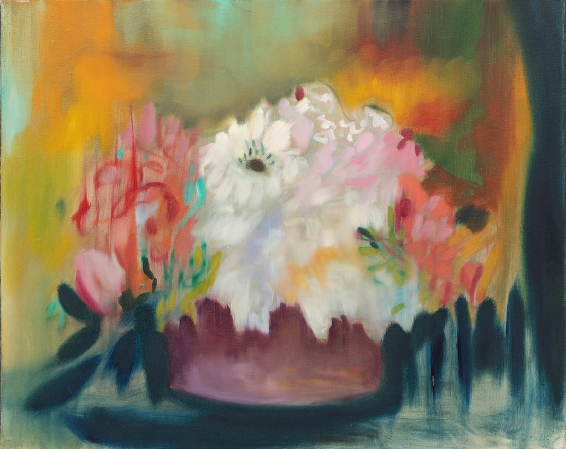 Melissa Bonin, American/Louisiana b. 1960, "Pot de Fleurs", oil on gallery-wrapped canvas: Melissa BoninAmerican/Louisiana, b. 1960"Pot de Fleurs"oil on gallery-wrapped canvas2009, signed, titled and dated en verso, unframed.24 x 30 in. (61 x 76.2 cm.)