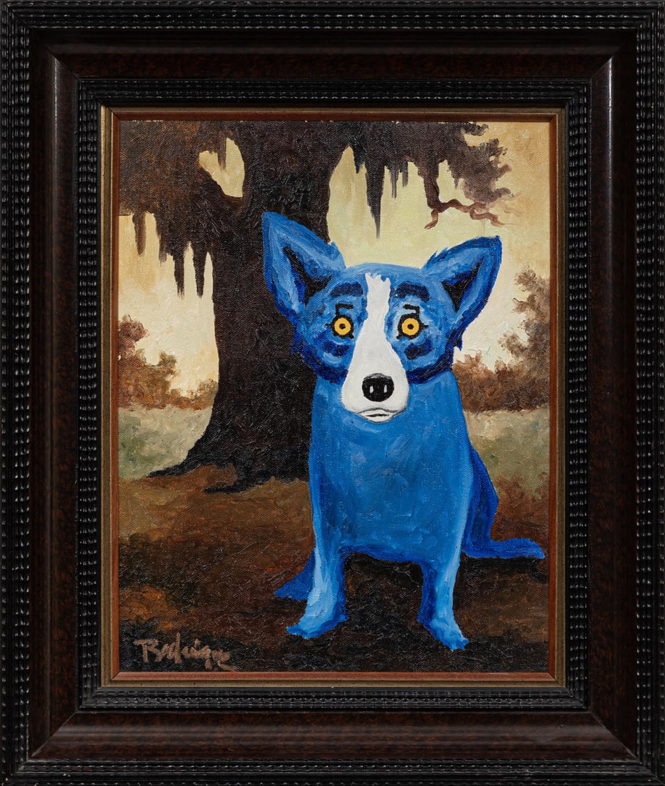 George Rodrigue, American/Louisiana 1944-2013, ?A Taste of Autumn", oil on canvas: George RodrigueAmerican/Louisiana, 1944-2013?A Taste of Autumn"oil on canvas1995, signed lower left, inscribed "95BP007006" en verso, inscribed "#9526", "? 1995 George Rodrigue" stamp and printed labe