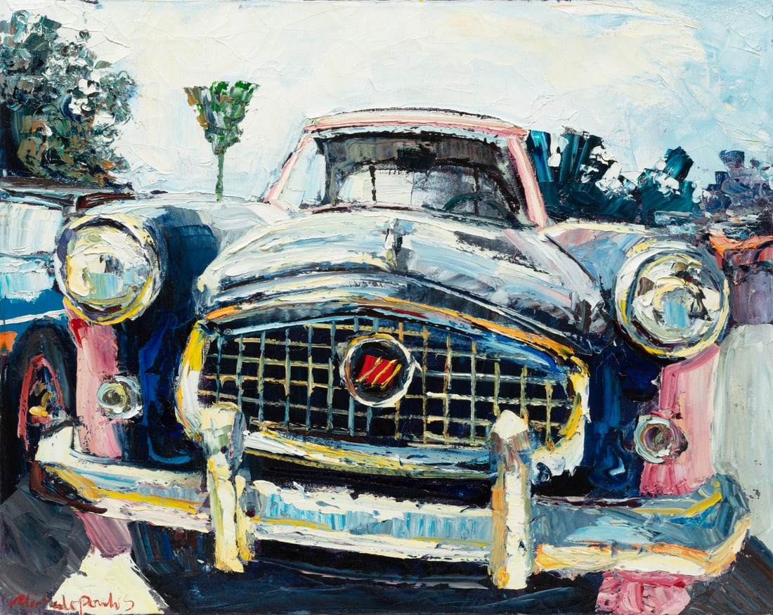 James Michalopoulos, American/Louisiana b. 1951, "Dash for the Nash", oil on canvas: James MichalopoulosAmerican/Louisiana, b. 1951"Dash for the Nash"oil on canvas1994, signed lower left, signed twice and dated en verso, titled and inscribed "2294SS" on stretcher, unframed.24 x 30 in.