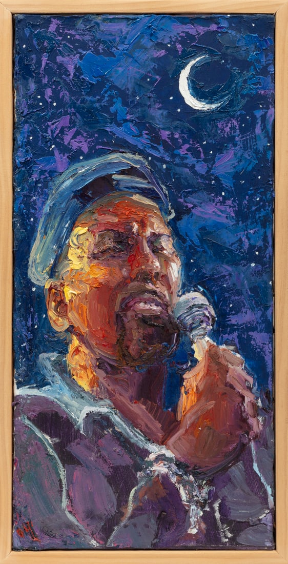 James Michalopoulos, American/Louisiana b. 1951, "Study for Aaron Neville", oil on canvas: James MichalopoulosAmerican/Louisiana, b. 1951"Study for Aaron Neville"oil on canvasmonogrammed lower left, signed, titled, inscribed "A397B" and artist gallery label en verso, framed.24 1/8 x 11 3/4