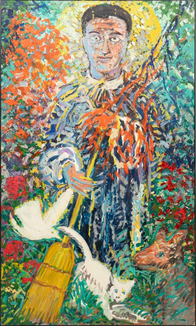 Hunt Slonem, American/Louisiana b. 1951, ?St. Martin de Porres?, oil on canvas: Hunt SlonemAmerican/Louisiana, b. 1951?St. Martin de Porres?oil on canvas1985, signed, titled and dated en verso, framed.67 1/8 x 40 1/8 in. (170.5 x 101.9 cm.), Frame: 67 3/4 x 40 5/8 x 1 1/2 in. (17