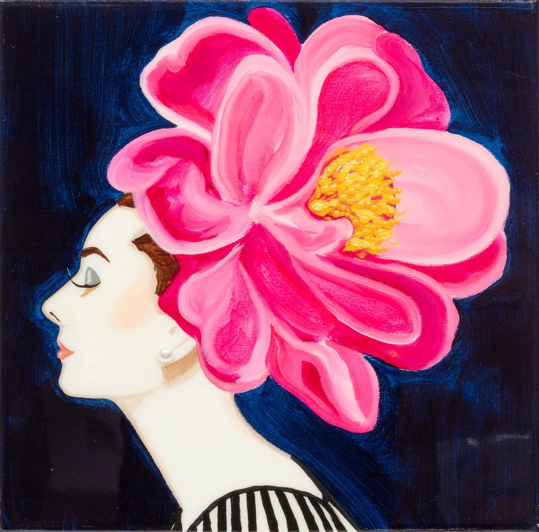 Ashley Longshore, American/Louisiana b. 1975, "Audrey with Pink Peony", acrylic and mixed media on: Ashley LongshoreAmerican/Louisiana, b. 1975"Audrey with Pink Peony"acrylic and mixed media on gallery-wrapped canvas with heavy resinsigned on left side, unframed.11 7/8 x 12 1/8 x 3 in. (30.2 x 30.8