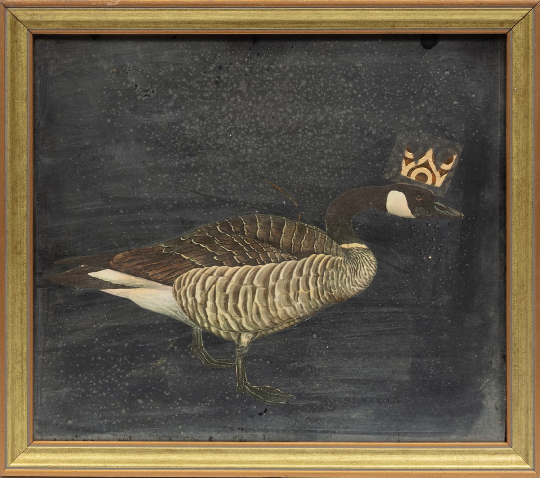 Louis St. Lewis, American/North Carolina 1961-2021, "Canadian Goose", ?glomis? and mixed media: Louis St. LewisAmerican/North Carolina, 1961-2021"Canadian Goose"?glomis? and mixed media collage on glasssigned lower right, framed.13 x 14 3/4 in. (33 x 37.5 cm.), Frame: 14 3/4 x 16 5/8 x 1 in. (37