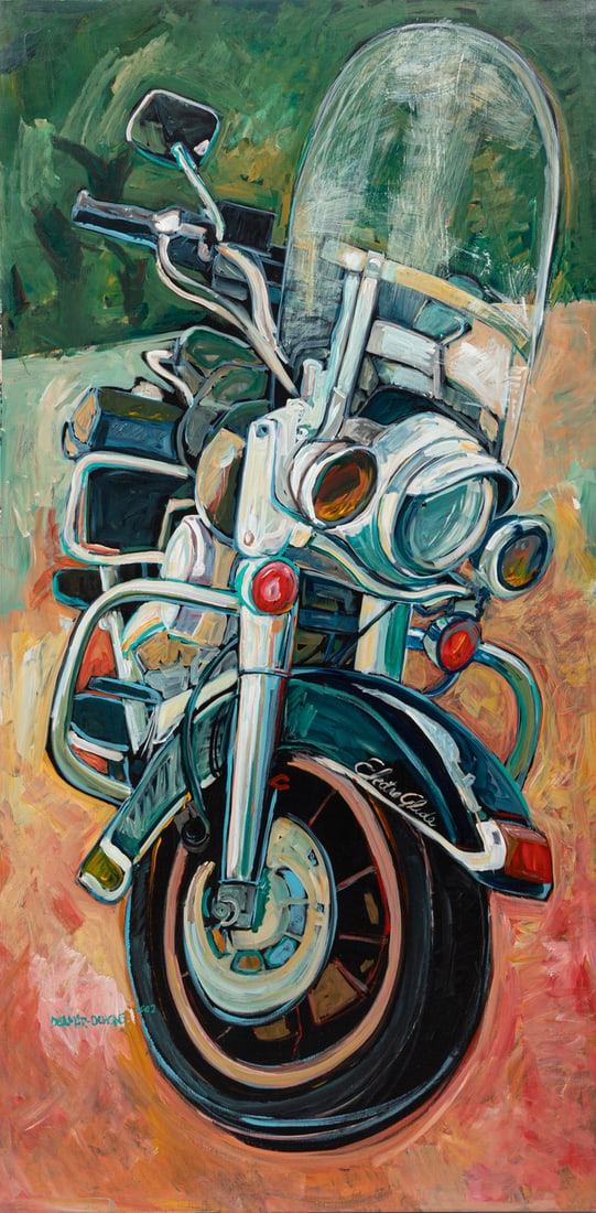 Rise Delmar-Ochsner, American/Louisiana 1944-2025, "Motorcyle", acrylic on gallery-wrapped canvas: Rise Delmar-OchsnerAmerican/Louisiana, 1944-2025"Motorcyle"acrylic on gallery-wrapped canvas2002, signed and dated lower left, unframed.71 3/4 x 36 in. (182.2 x 91.4 cm.)