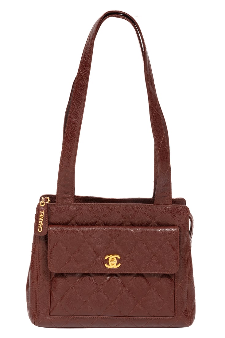 Chanel Quilted Chocolate Caviar Leather Handbag: Chanel Quilted Chocolate Caviar Leather Handbagc. 1996-1997, Karl Lagerfeld, made in Italy, gold-tone hardware, turn-lock logo closure to exterior pocket, grosgrain lined interior with serial number "