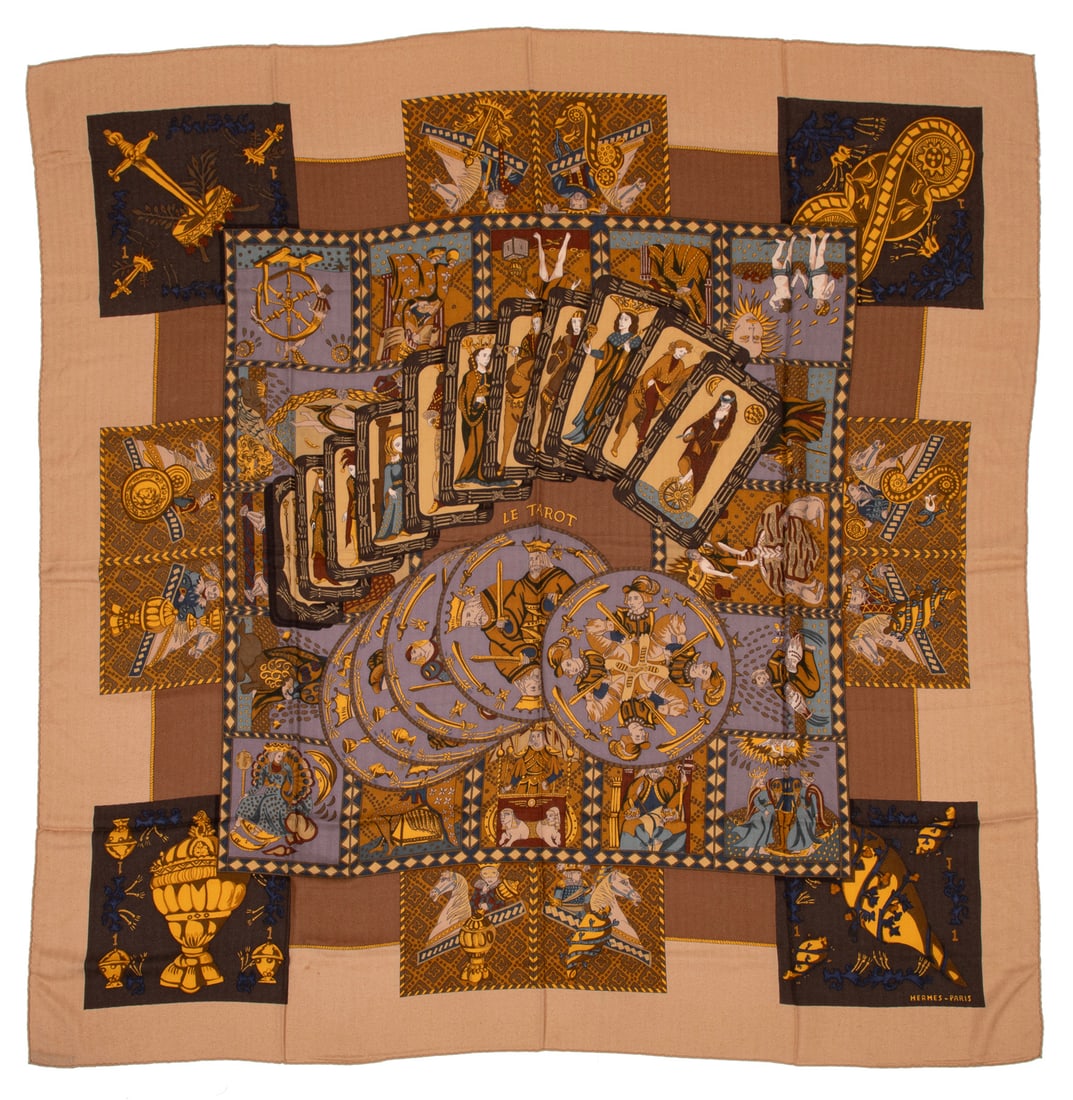 Hermes [Hermes] "Le Tarot" Cashmere and Silk Scarf 140: Hermes [Hermes] "Le Tarot" Cashmere and Silk Scarf 140designed by artist Annie Faivre, labeled, Made in France, 65% cashmere and 35% silk, h. 53 1/2 in., w. 53 1/2 in.