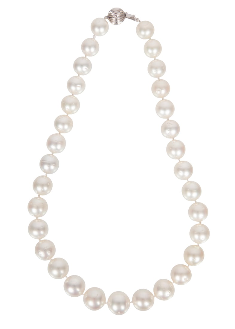 14 kt. White Gold and South Sea Pearl Necklace: 14 kt. White Gold and South Sea Pearl Necklace31 graduated near round white cultured pearls, 12.17 to 14.98 mm; scalloped bead clasp; l. 18 in.; GIA and AIGL reports.Please Note: Payment for all jewel