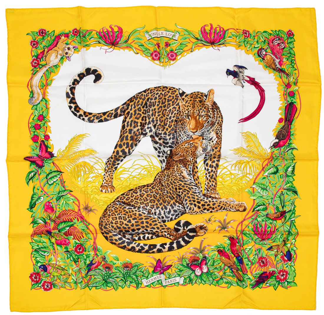 Hermes [Hermes] "Jungle Love" Silk Scarf 90: Hermes [Hermes] "Jungle Love" Silk Scarf 90designed by Robert Dallet, labeled, Made in France, h. 35 in., w. 35 in. (as this scarf is hand-rolled, the dimensions indicated may vary)