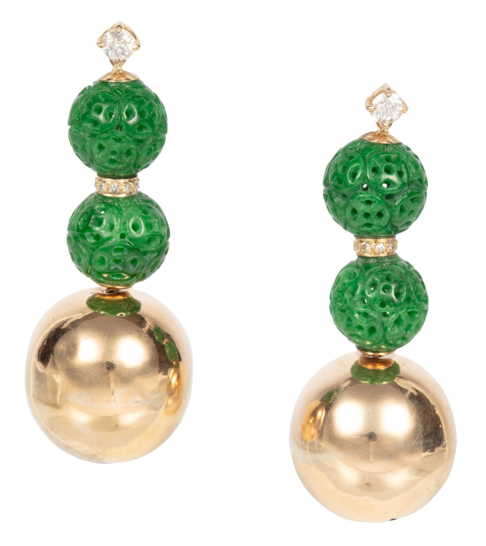 Pair of Vintage 14 kt. Yellow Gold, Jade Bead and Diamond Dangle Earrings: Pair of Vintage 14 kt. Yellow Gold, Jade Bead and Diamond Dangle Earringsmounted with 2 diamonds, total wt. approx. 0.54 ct.; and 4 carved jade beads; finished with 2 gold orbs; l. 2 in. 11.84 dwts.Pl