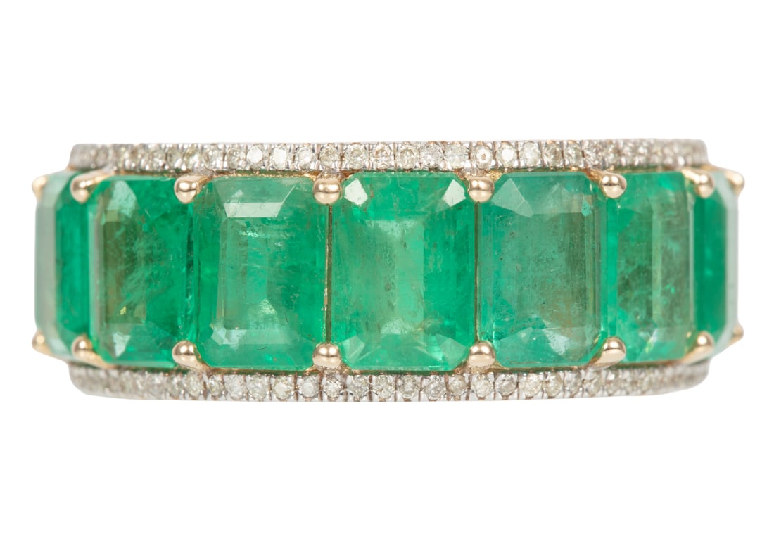 14 kt. Yellow Gold, Emerald and Diamond Band Ring: 14 kt. Yellow Gold, Emerald and Diamond Band Ringmounted with 14 octagonal step cut emeralds, total wt. approx. 13.41 cts.; accented by 0.46 ct. of round diamonds; size 7; AIGL report.Please Note: Pay