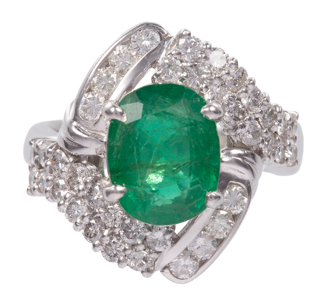 Platinum, Emerald and Diamond Ring: Platinum, Emerald and Diamond Ringcenter oval mixed cut emerald, wt. approx. 3.26 cts.; mounted with numerous round diamonds; 8.66 dwts.; GIA report.