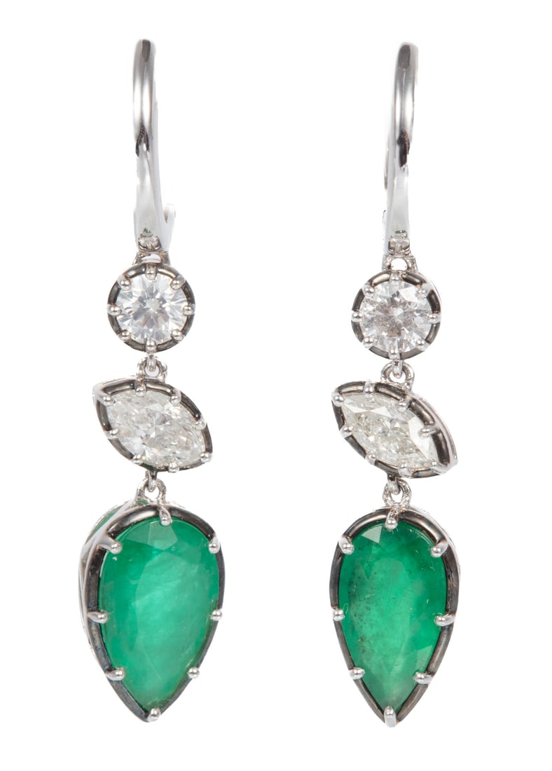 Platinum, Emerald and Diamond Dangle Earrings: Platinum, Emerald and Diamond Dangle Earringsmounted with 2 pear shape mixed cut emeralds, total wt. approx. 4.57 cts.; with 2 round and 2 marquise diamonds, total wt. approx. 1.70 cts., H-I color, SI