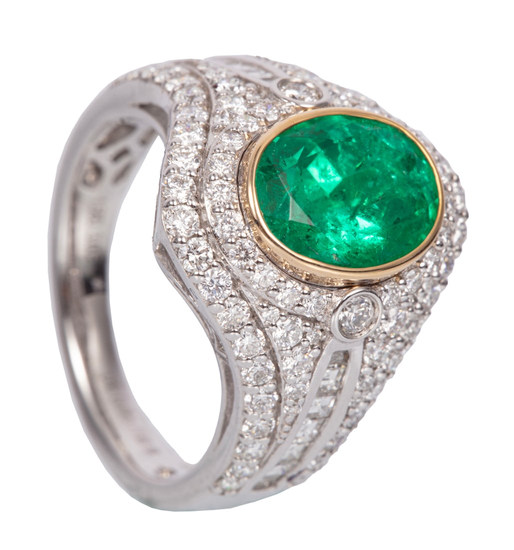 Platinum, 18 kt. Yellow Gold, Columbian Emerald and Diamond Ring (1 of 6)