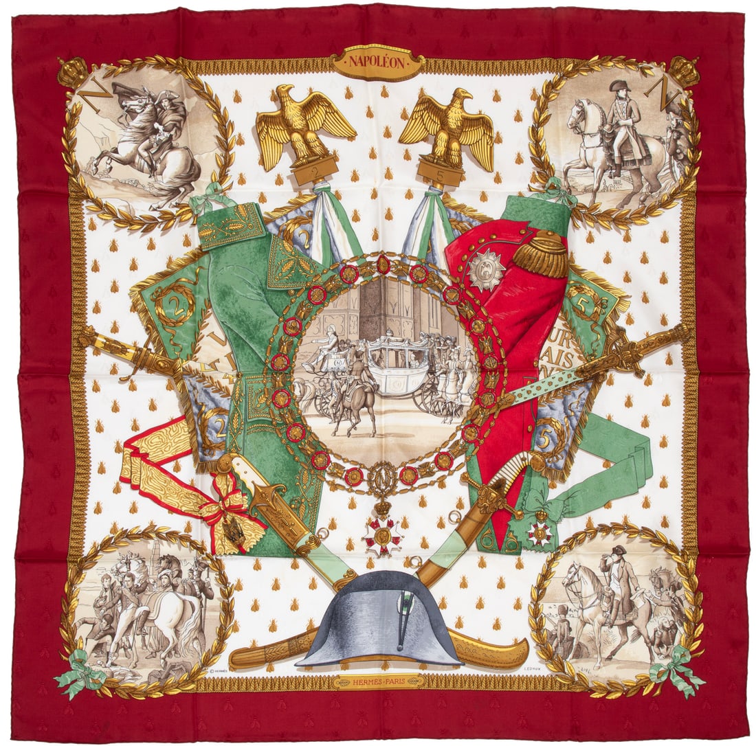 Hermes [Hermes] "Napoleon" Silk Scarf 90: Hermes [Hermes] "Napoleon" Silk Scarf 90designed by Philippe Ledoux, labeled, Made in France, h. 35 in., w. 35 in. (as this scarf is hand-rolled, the dimensions indicated may vary)