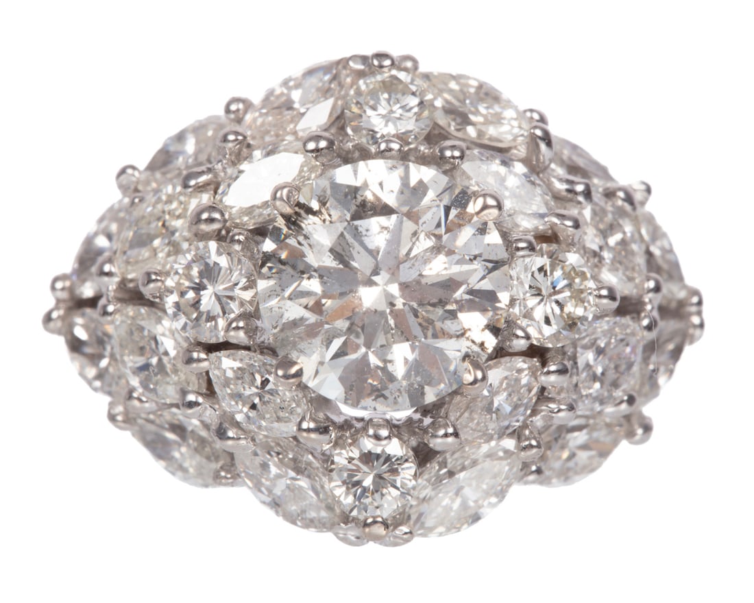 14 kt. White Gold and Diamond Dome Ring: 14 kt. White Gold and Diamond Dome Ringcenter round diamond, wt. approx. 2.09 cts.; and numerous round and marquise diamonds, total wt. approx. 2.98 cts.; 5.71 dwts.Please Note: Payment for all jewelr