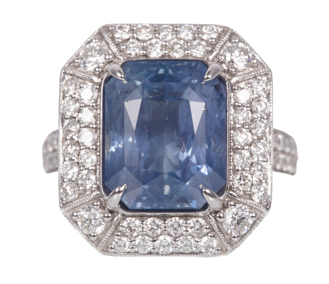 Platinum, Sapphire and Diamond Ring: Platinum, Sapphire and Diamond Ringcenter prong set octagonal modified brilliant cut natural color change sapphire, wt. exact 10.04 cts.; mounted with 1.21 cts. of round brilliant cut diamonds; size 7