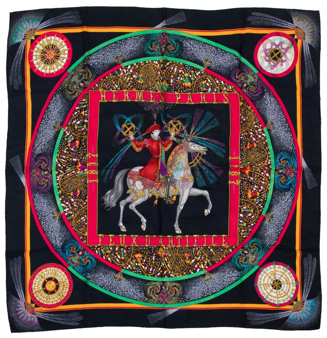 Hermes [Hermes] "Feux d'Artifice" Silk Scarf 90 with Box: Hermes [Hermes] "Feux d'Artifice" Silk Scarf 90 with Boxlabeled, designed by Michel Duchene, h. 35 in., w. 34 1/4 in. (as this scarf is hand-rolled, the dimensions indicated may vary)