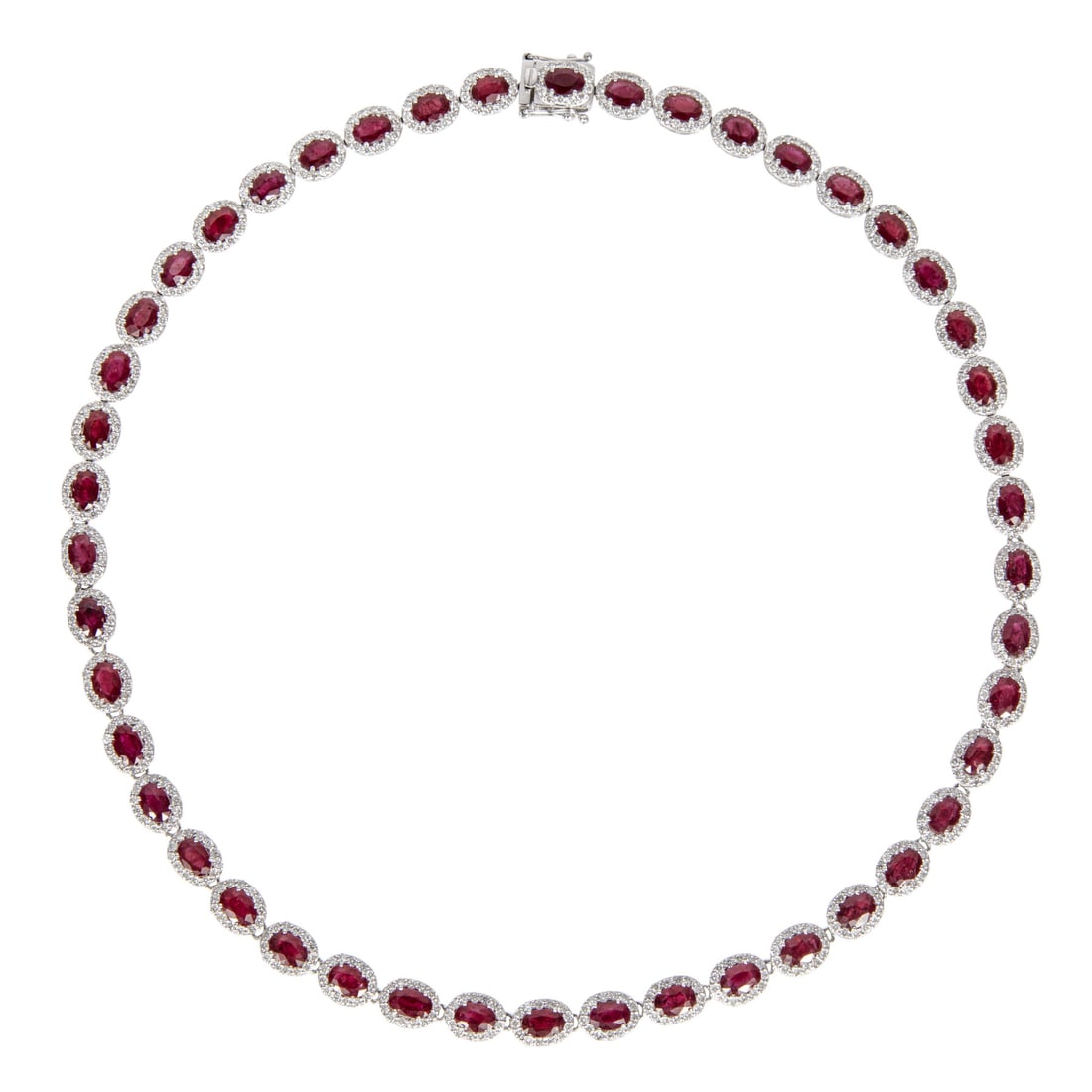 Platinum, Ruby and Diamond Necklace: Platinum, Ruby and Diamond Necklacemounted with 46 oval mixed cut rubies, total wt. approx. 25.87 cts.; bezels with 598 round brilliant cut diamonds, total wt. approx. 6.55 cts.; l. 17 in.; AIGL and G