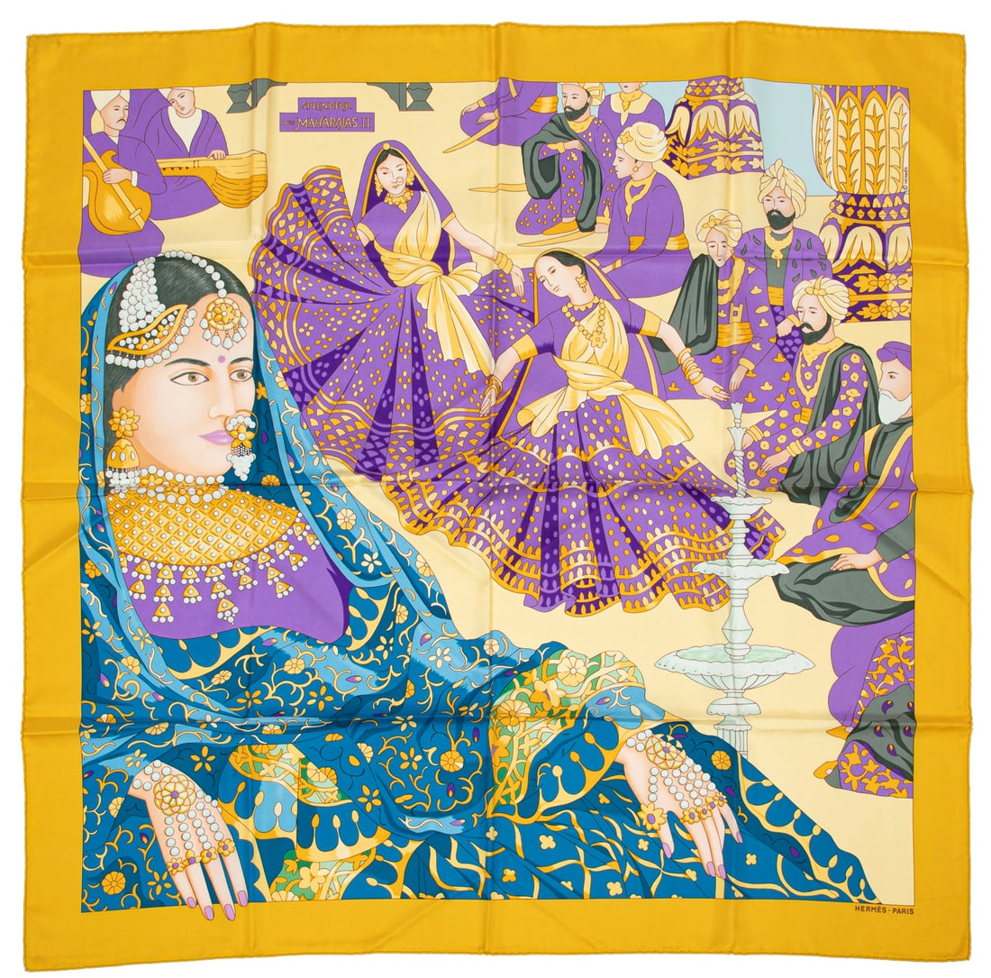Hermes [Hermes] "Splendeur des Maharajas II" Silk Scarf 90: Hermes [Hermes] "Splendeur des Maharajas II" Silk Scarf 90, designed by Cathy Baschet, c. 1996h. 34 3/4 in., w. 35 1/4 in.