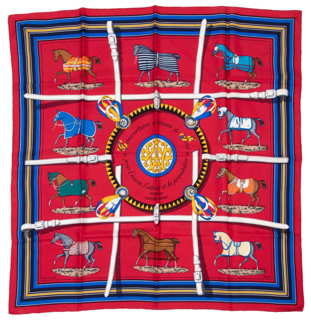 Hermes [Hermes] "Couvertures et Tenues de Jour" Silk Scarf 90: Hermes [Hermes] "Couvertures et Tenues de Jour" Silk Scarf 90, designed by Jacques Eudesl., 34 1/2 in., w. 35 in.