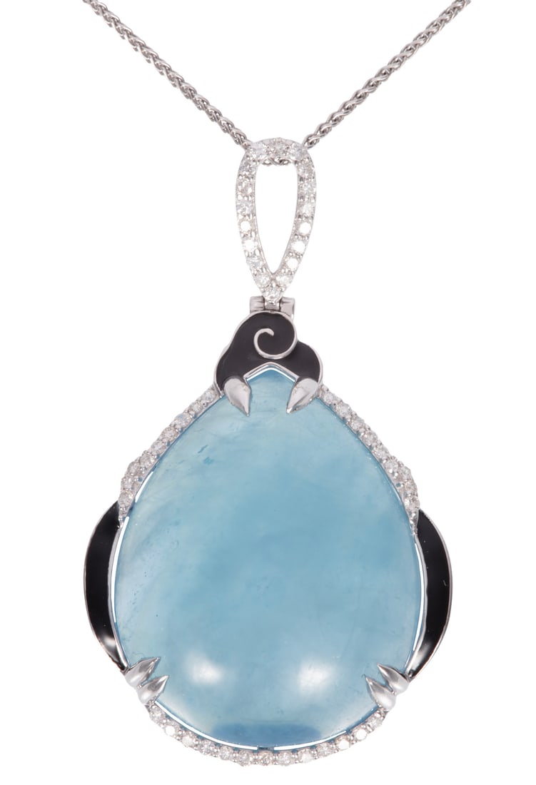 14 kt. White Gold, Aquamarine, Diamond and Enamel Pendant on Chain: 14 kt. White Gold, Aquamarine, Diamond and Enamel Pendant on Chaincenter cabochon pear shape aquamarine, wt. approx 33.56 cts.; mounted with 0.37 ct. of round diamonds; l. 1 3/4 in.; chain l. 24 in.;