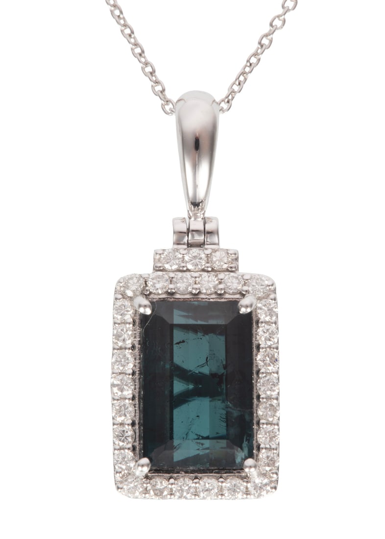 Platinum, Indicolite Tourmaline and Diamond Pendant on Chain: Platinum, Indicolite Tourmaline and Diamond Pendant on Chainpendant with center octagonal mixed cut indicolite tourmaline, wt. approx. 3.35 cts.; bezel with 0.33 cts. of round brilliant cut diamonds;